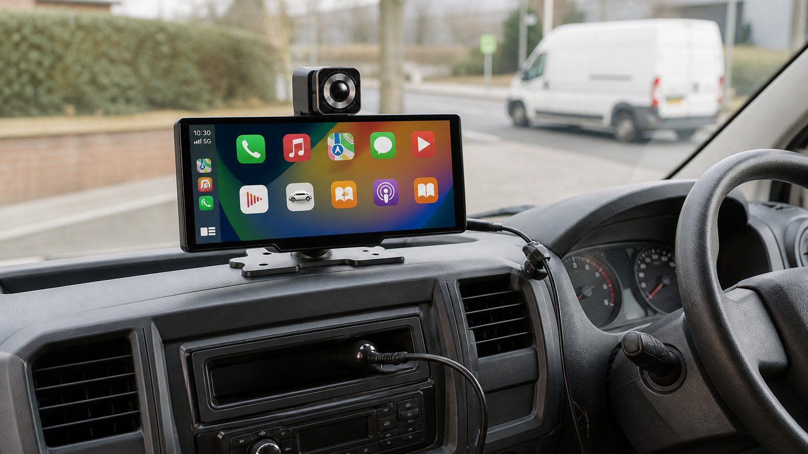 Portable CarPlay screen mounted on a UK work van dashboard