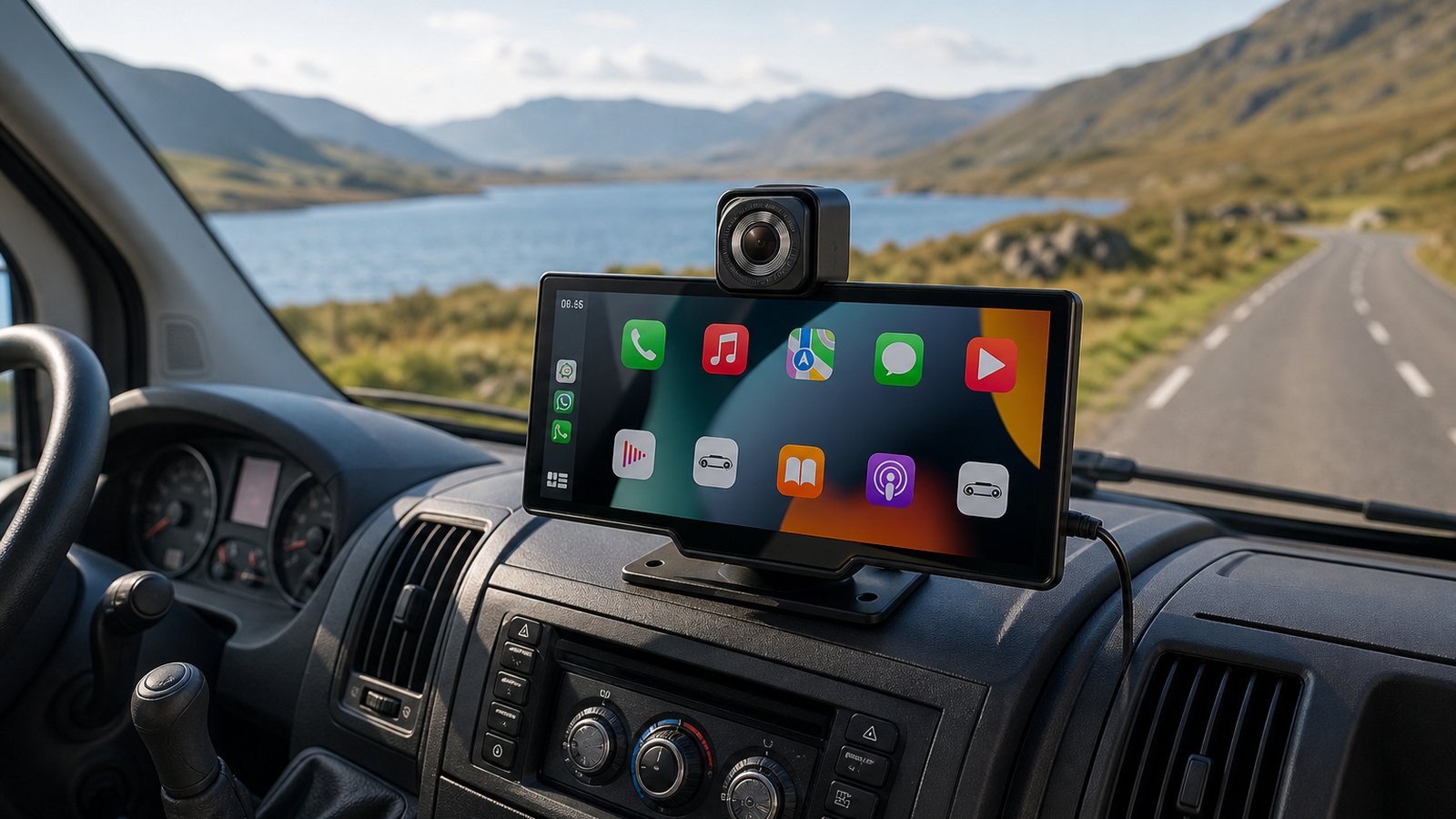 Portable CarPlay display clipped in a UK campervan cabin