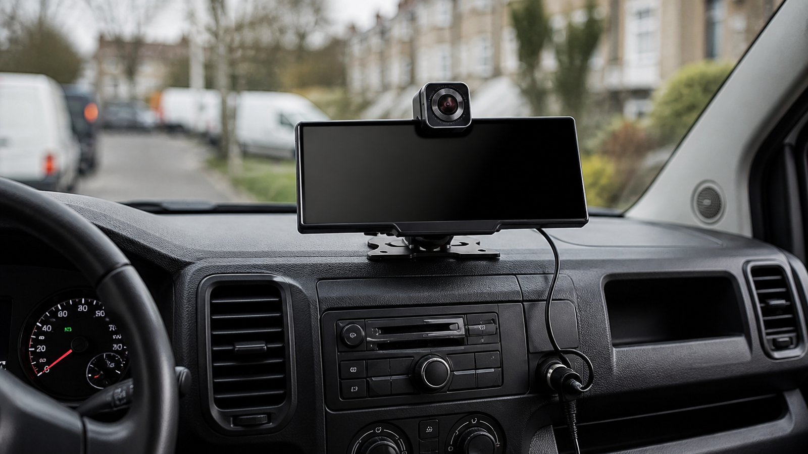 Portable CarPlay screen mounted on a UK work van dashboard